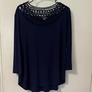 Cato Navy Crochet Yoke Long Sleeve Top